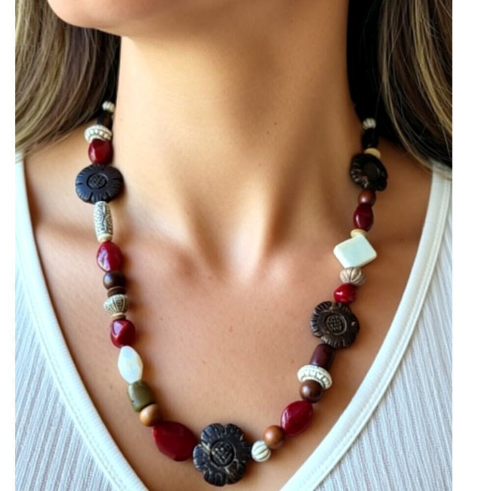 Boho inspired, handcrafted necklace with carved wooden flower beads
